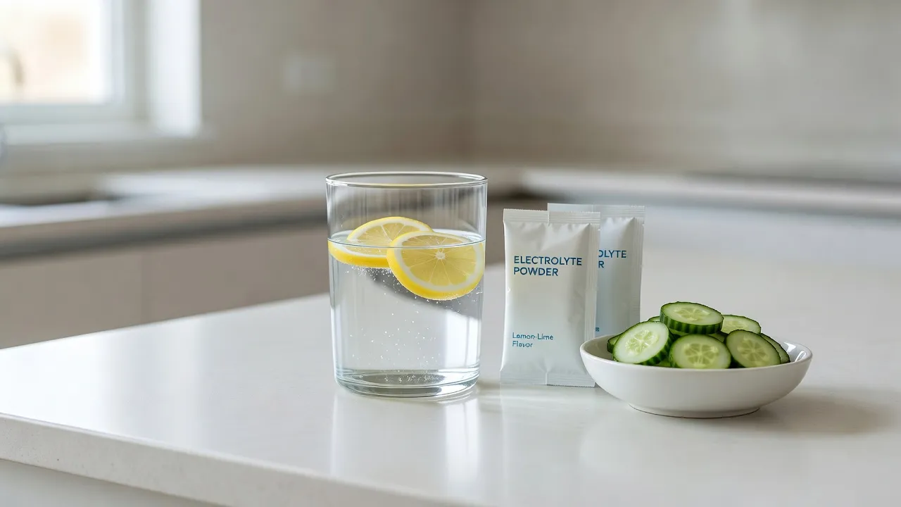 A glass of electrolyte water with lemon used to flush out alcohol face bloat and balance sodium.
