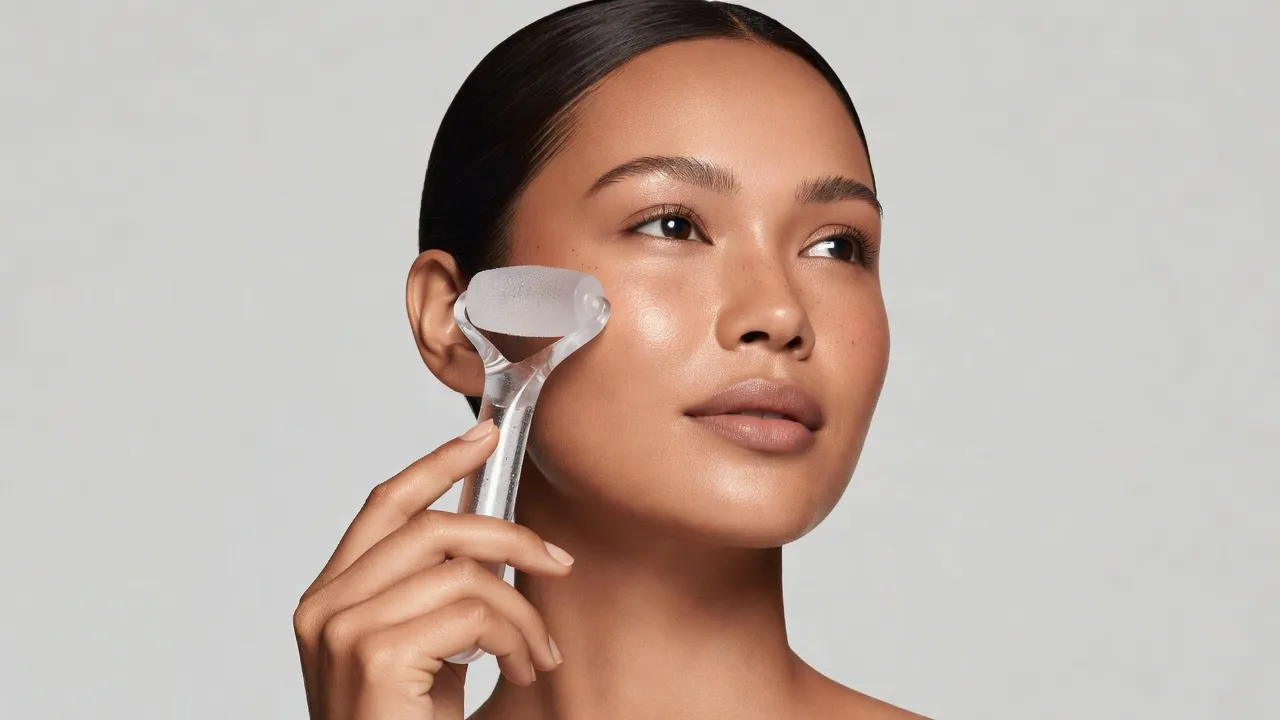Woman cooling her face with a ice roller to reduce alcohol facial bloating and puffiness.