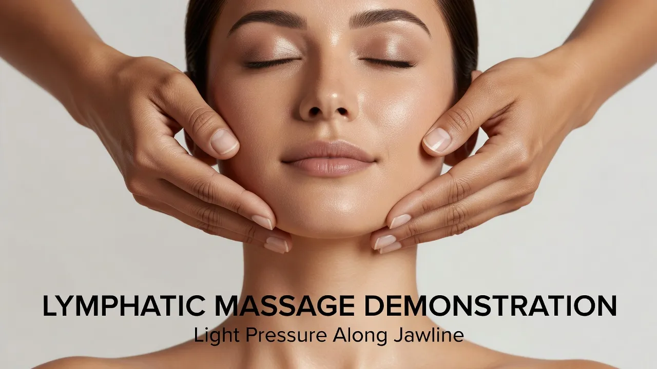 Performing manual lymphatic drainage on the jawline to relieve alcohol facial puffiness.