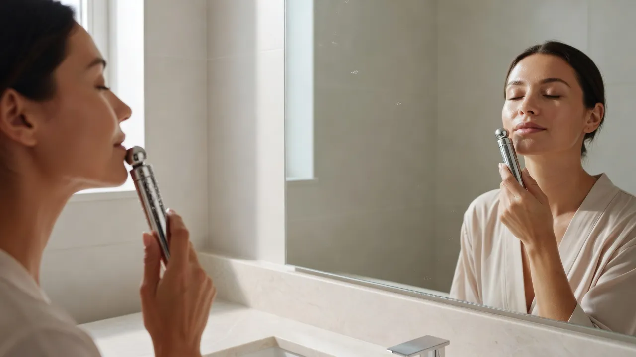 Woman using a cold facial roller to reduce alcohol face bloat and morning facial swelling.