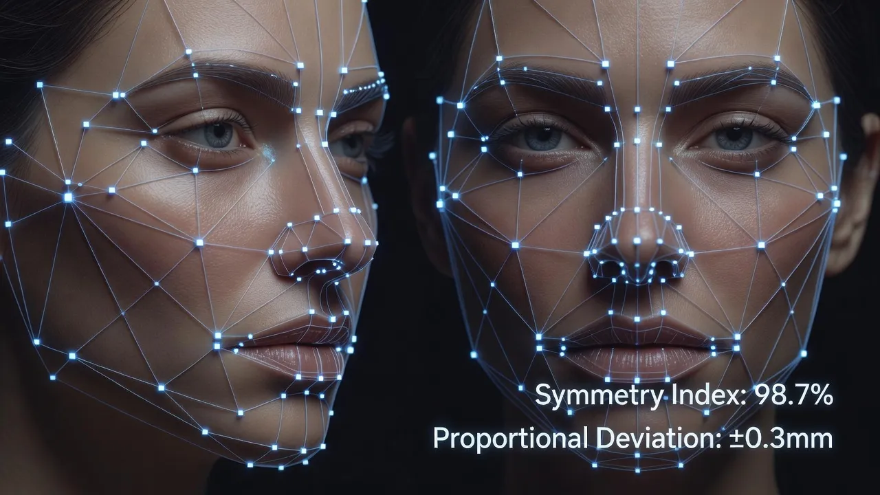 Digital geometric facial mapping wireframe showing landmark points for face shape analysis