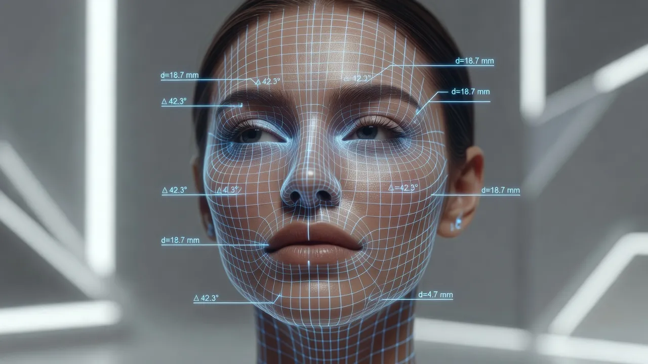 3D geometric wireframe overlay analyzing facial features and proportions on a woman's face
