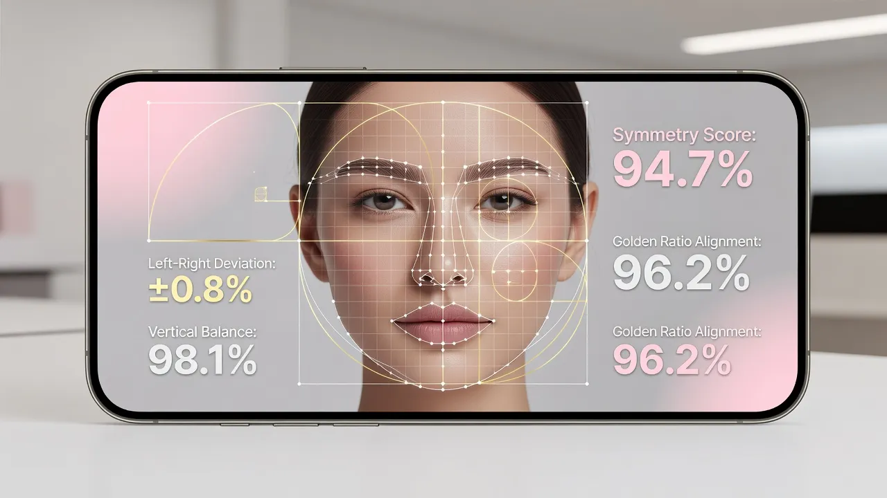 Smartphone displaying facial feature analysis interface showing symmetry scores and proportions