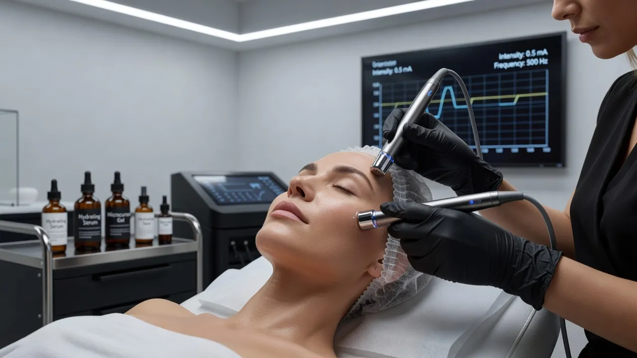 Client receiving a microcurrent facial procedure for non-surgical asymmetrical face treatment.