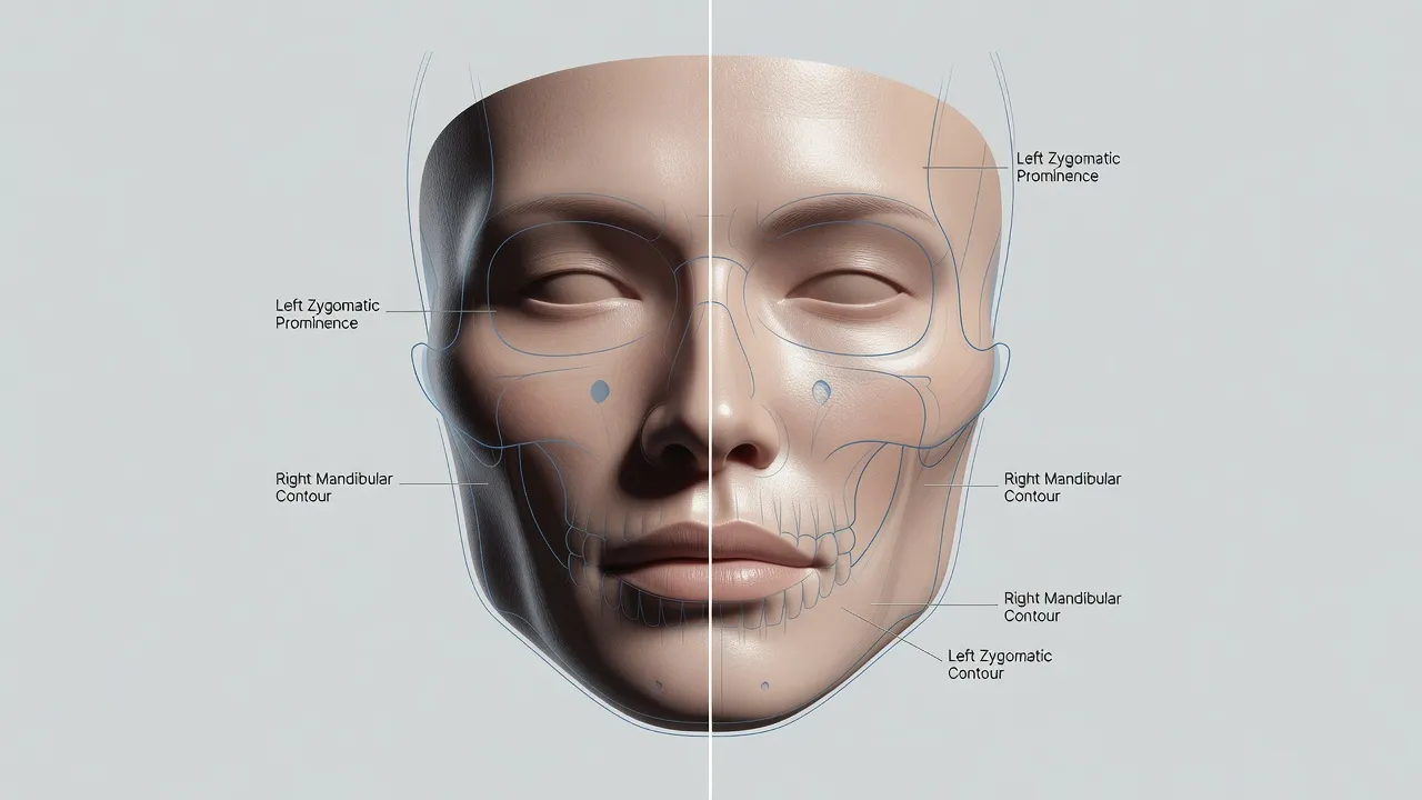 Diagram illustrating vertical facial midline and structural balance for asymmetrical face treatment analysis.