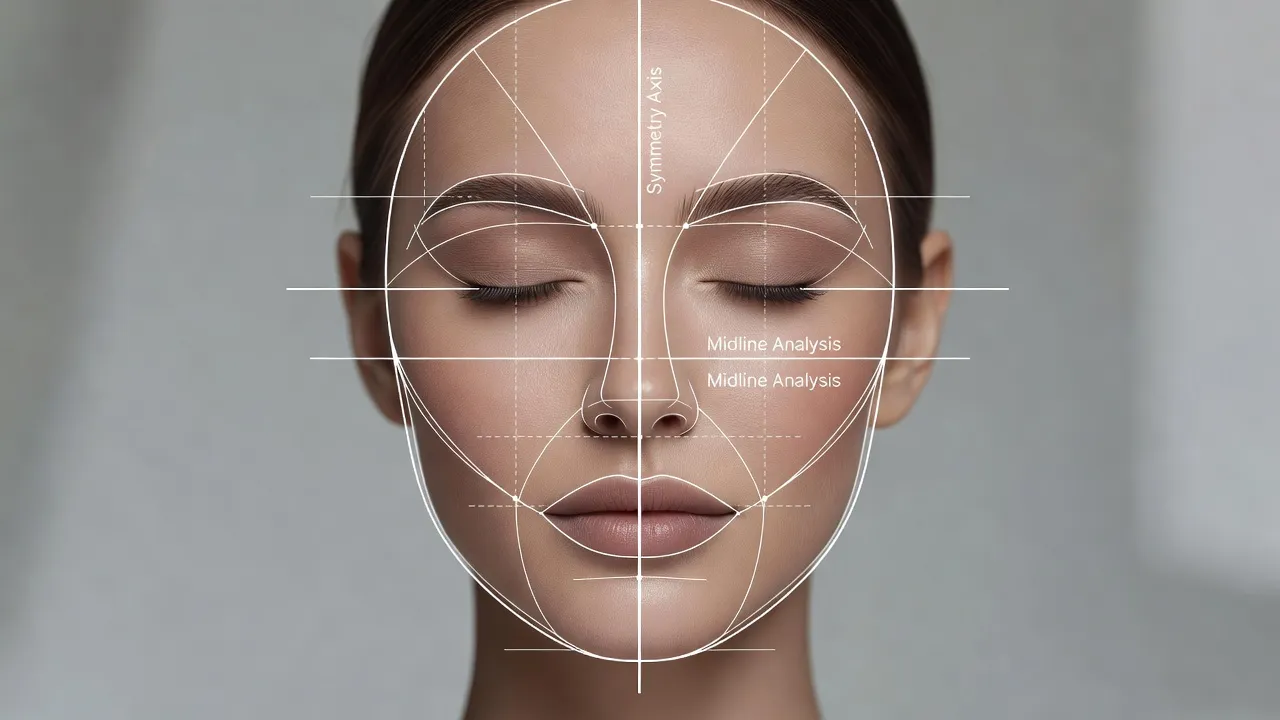 Medical visualization of asymmetrical face treatment showing facial midline analysis