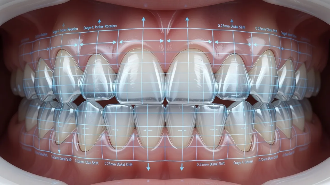 Orthodontic clear aligners used to correct functional bite issues and chin deviation in asymmetrical face treatment.