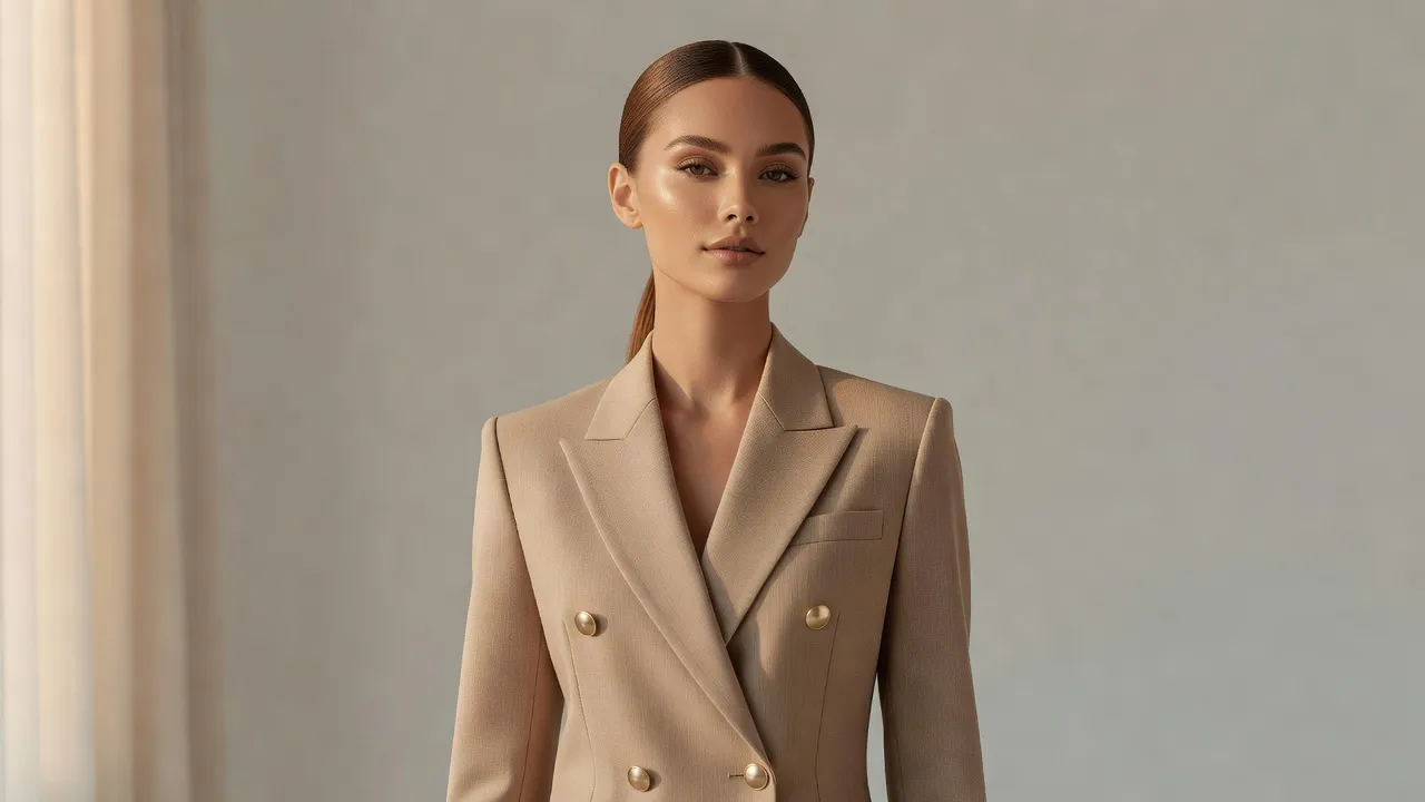 High fashion editorial portrait showing a woman combining quiet luxury tailoring with dewy glass skin makeup.