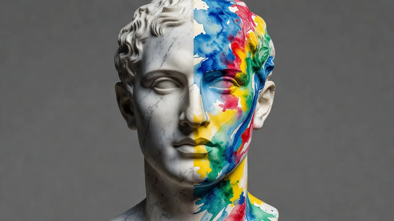 Conceptual illustration comparing mathematical facial symmetry with subjective modern artistic expressions of beauty.