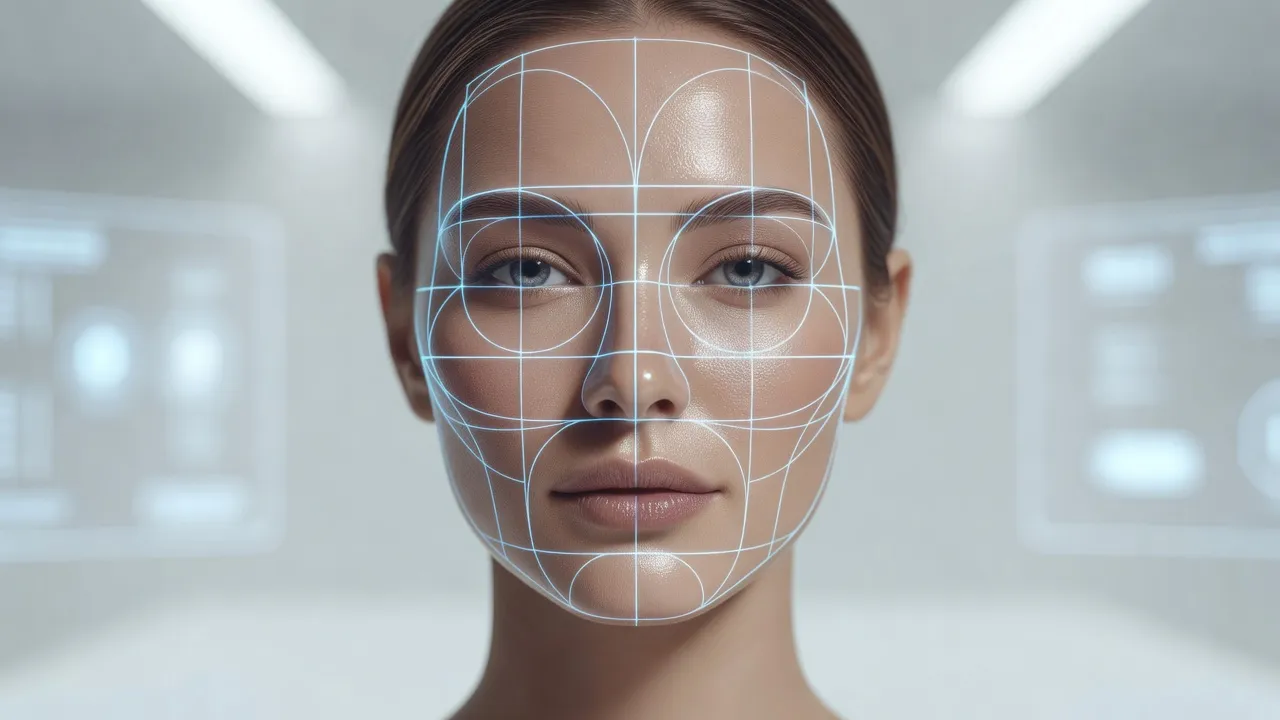 Detailed analytical overlay on a woman's facial portrait illustrating facial symmetry and beauty rating metrics.
