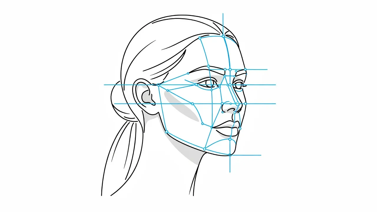 Diagram mapping facial symmetry and geometric proportions on a woman's face.