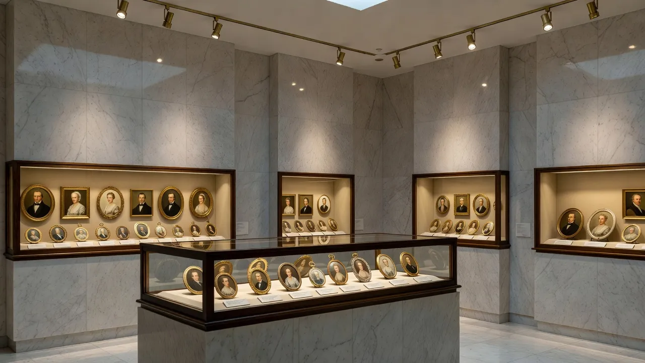 Museum exhibition room displaying historical portraiture and art pieces.