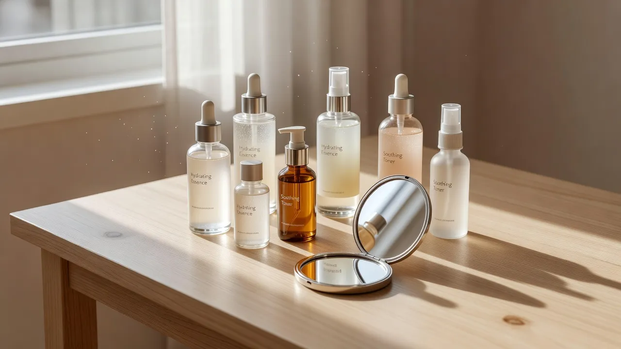 Skincare products and illuminating serum bottles sitting on a sunlit table.