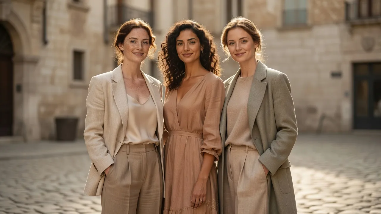 A diverse group of European women showcasing natural skin texture and minimalist styling outdoors.