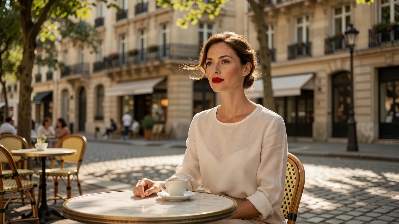 A French woman with natural glowing skin and red lipstick sitting outdoors in Paris.