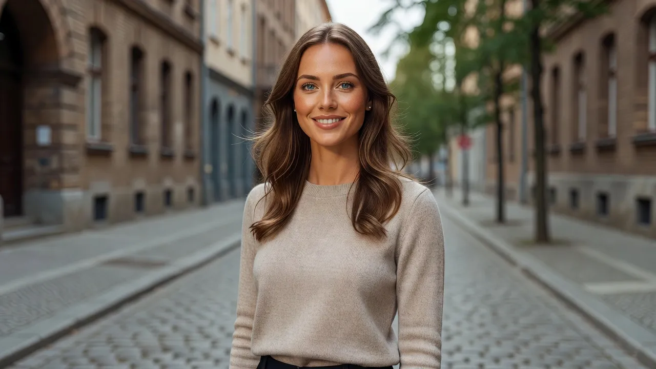 A German woman showcasing radiant clean skin and natural hair outdoors in Berlin.