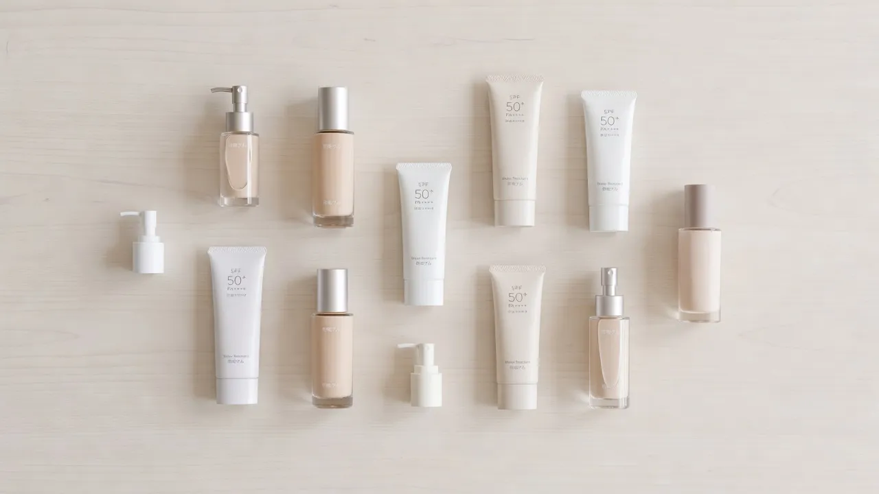 Recommended Japanese sunscreens and liquid foundation bases displayed in a minimalist aesthetic setting.