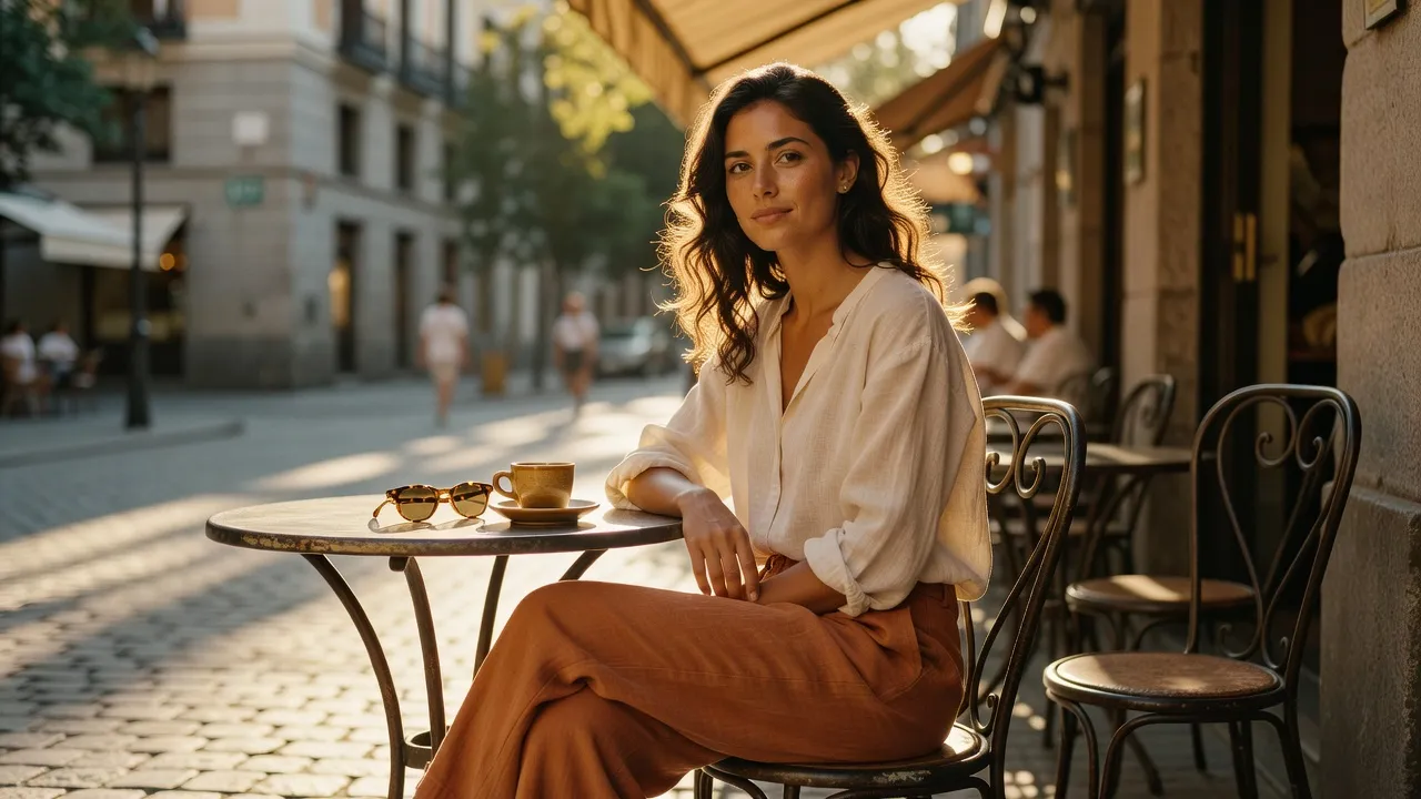 A stylish Spanish woman with natural sun-kissed skin and brunette hair enjoying afternoon light in Madrid.