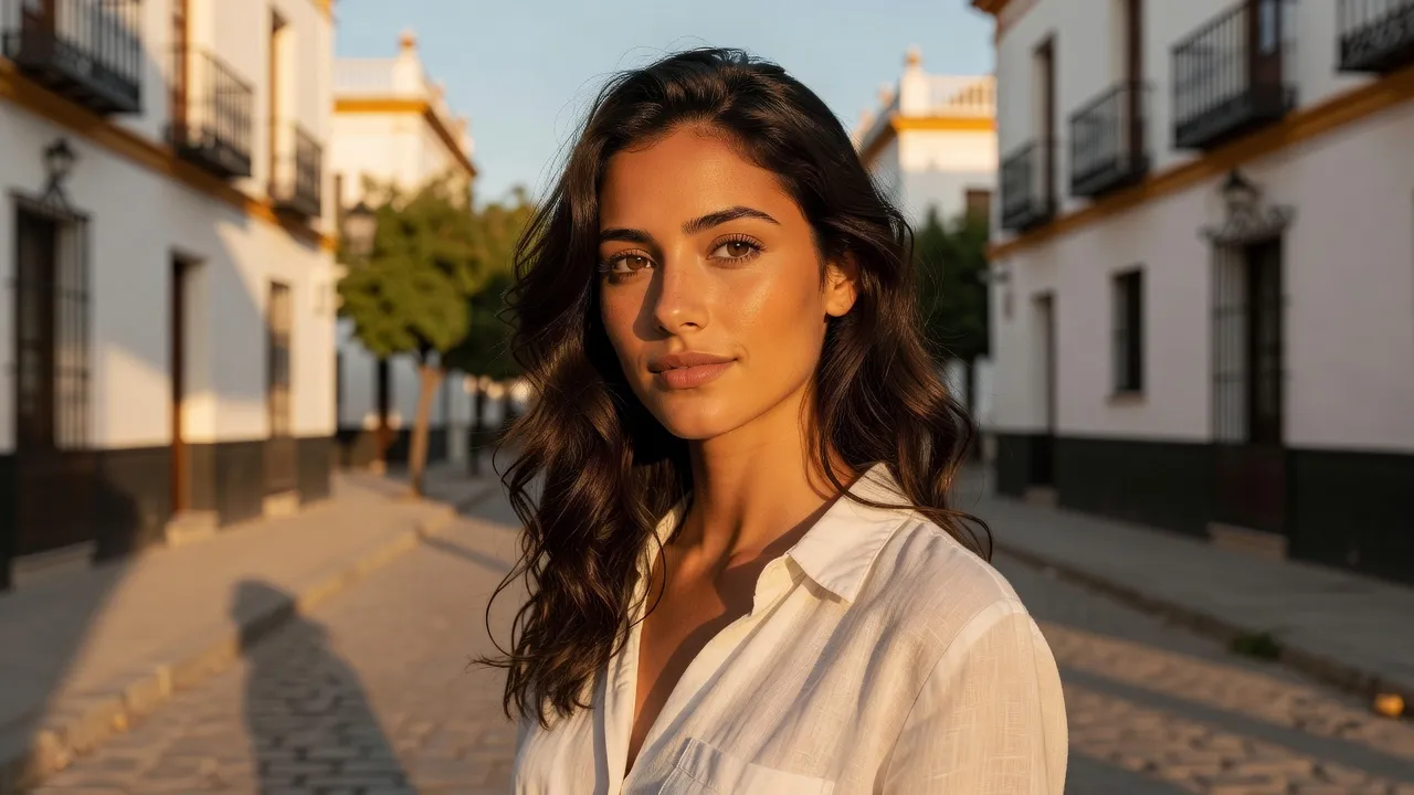 Spanish woman showcasing natural olive skin, dark hair, and warm facial features typical of Mediterranean beauty standards.