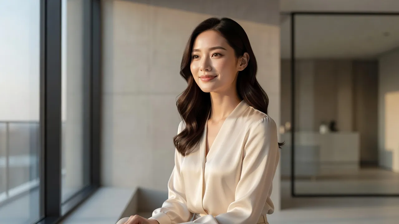 An elegant Chinese woman with glowing skin, subtle makeup, and modern hair styling looking calmly at the camera in a soft light setting.