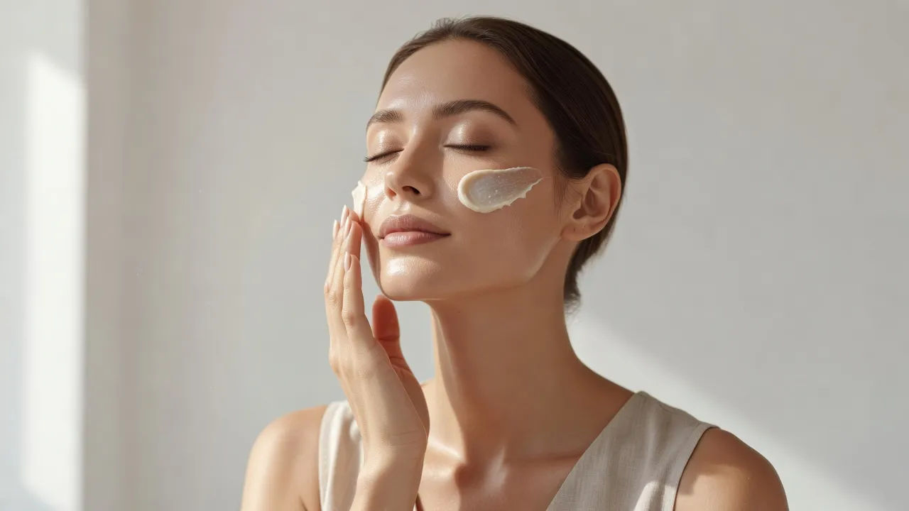 A woman applying a hydrating moisturizer cream as part of a dry skincare routine in modern morning lighting.