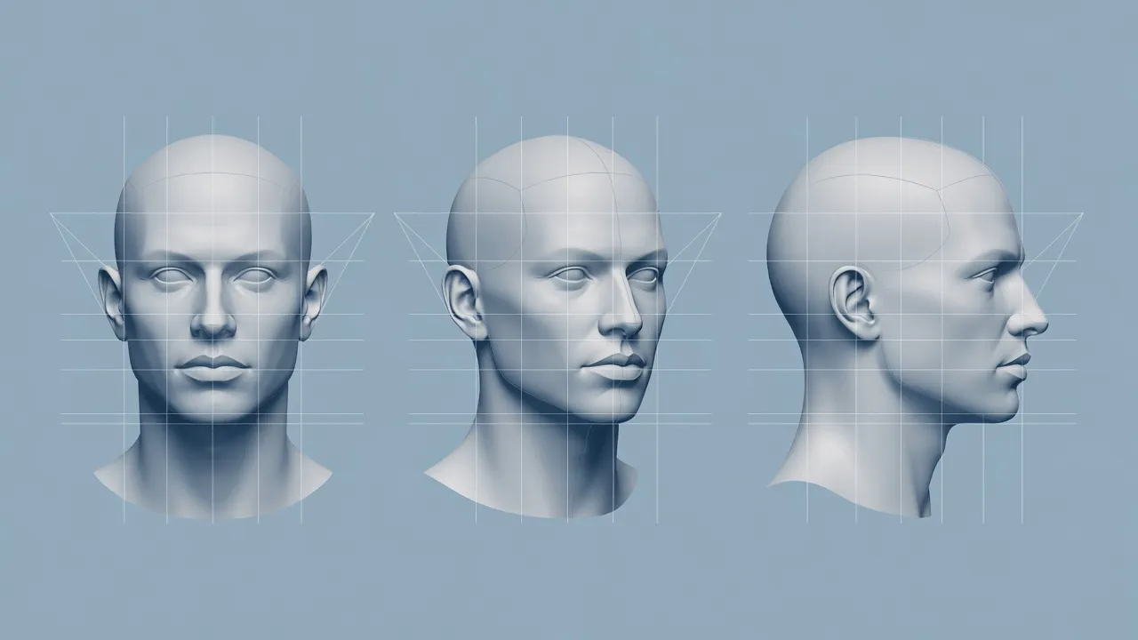3D visualization showing head rotation angles across frontal, three-quarter, and profile face angle reference views.