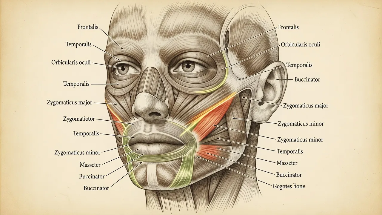 Diagram highlighting target facial muscles for symmetry training including cheek and jaw muscles.