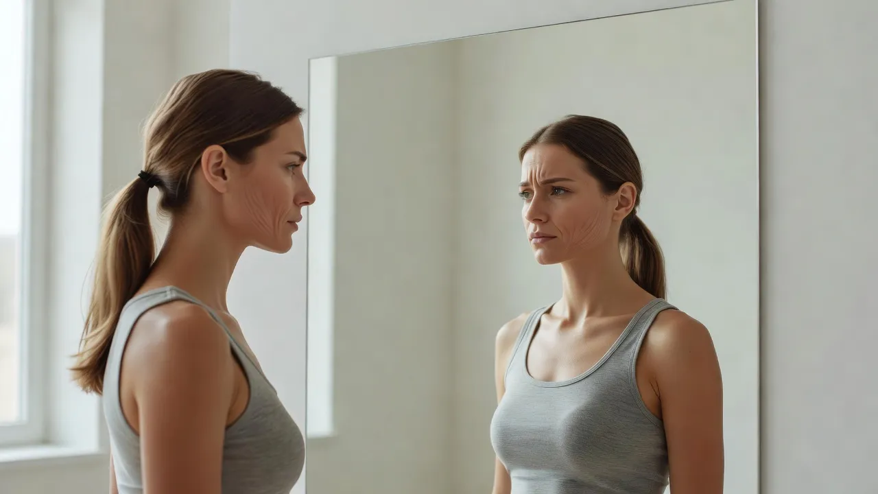 Woman practicing single-sided facial exercises for face symmetry in a bright room.