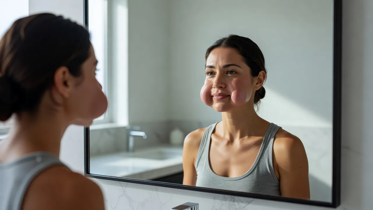 Woman practicing targeted facial exercises for symmetry in front of a bathroom mirror.