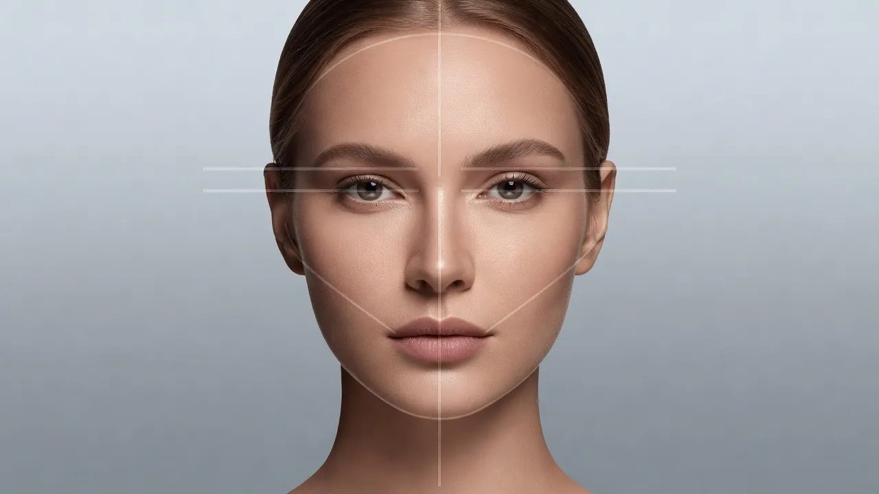 Direct face front view diagram detailing symmetry lines and facial proportion markers.