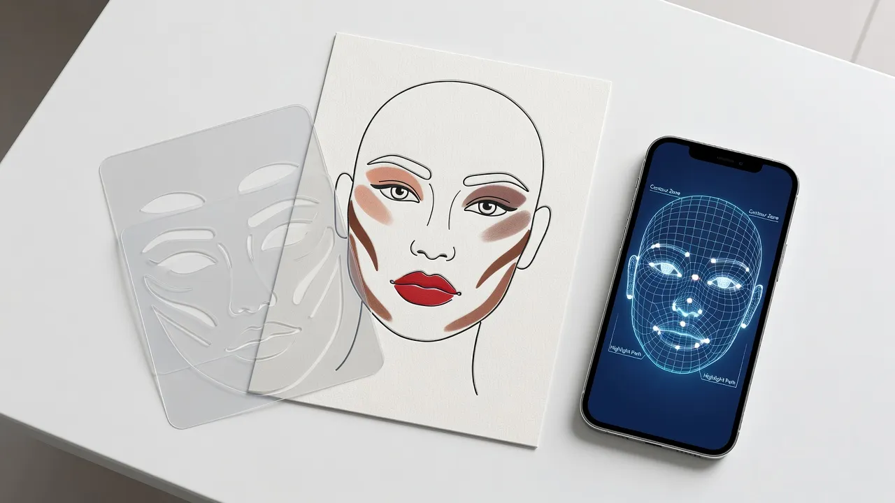 A modern collection of face guides including silicone makeup stencils, paper face charts, and a smartphone displaying digital facial mapping software.
