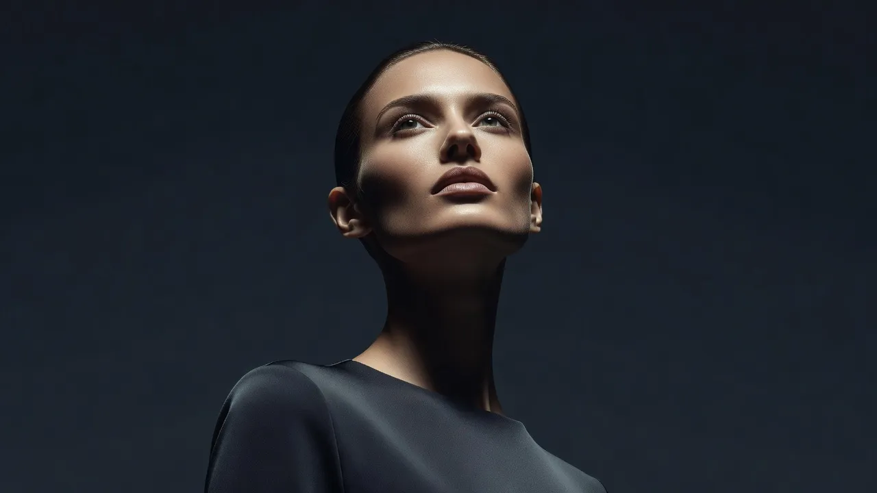 Female face looking up at a camera showing jawline definition and low pitch camera angle distortion