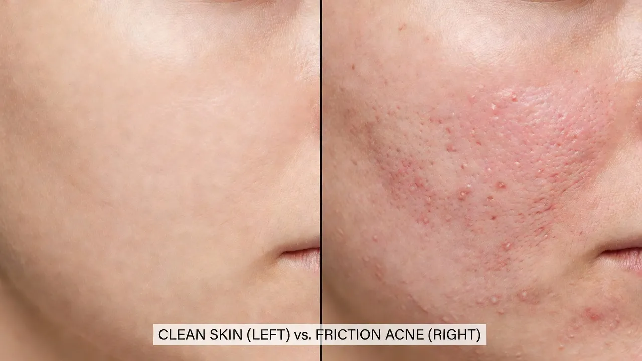 Close-up of cheek skin highlighting localized acne triggers and bacterial contact points.