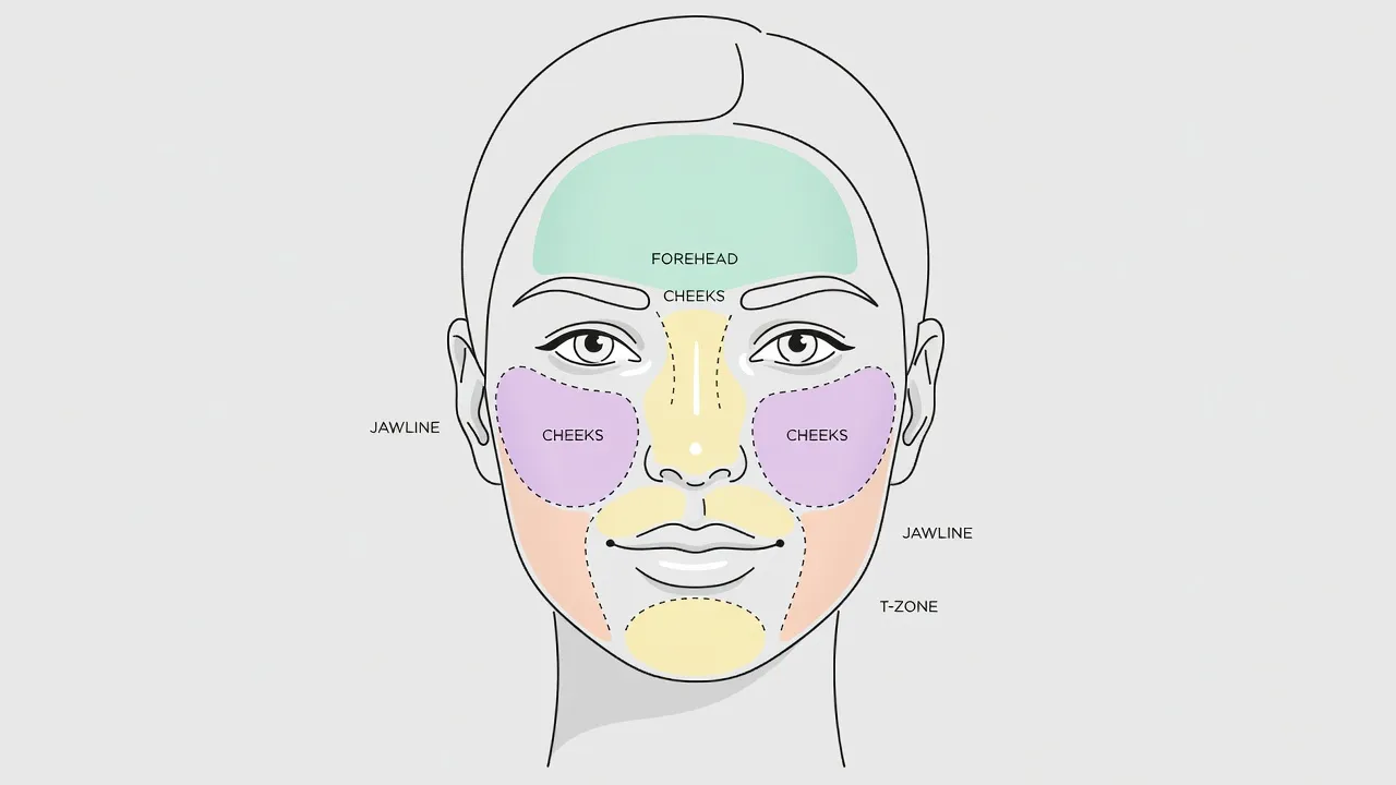 Diagram illustrating face mapping of acne zones on a female face.