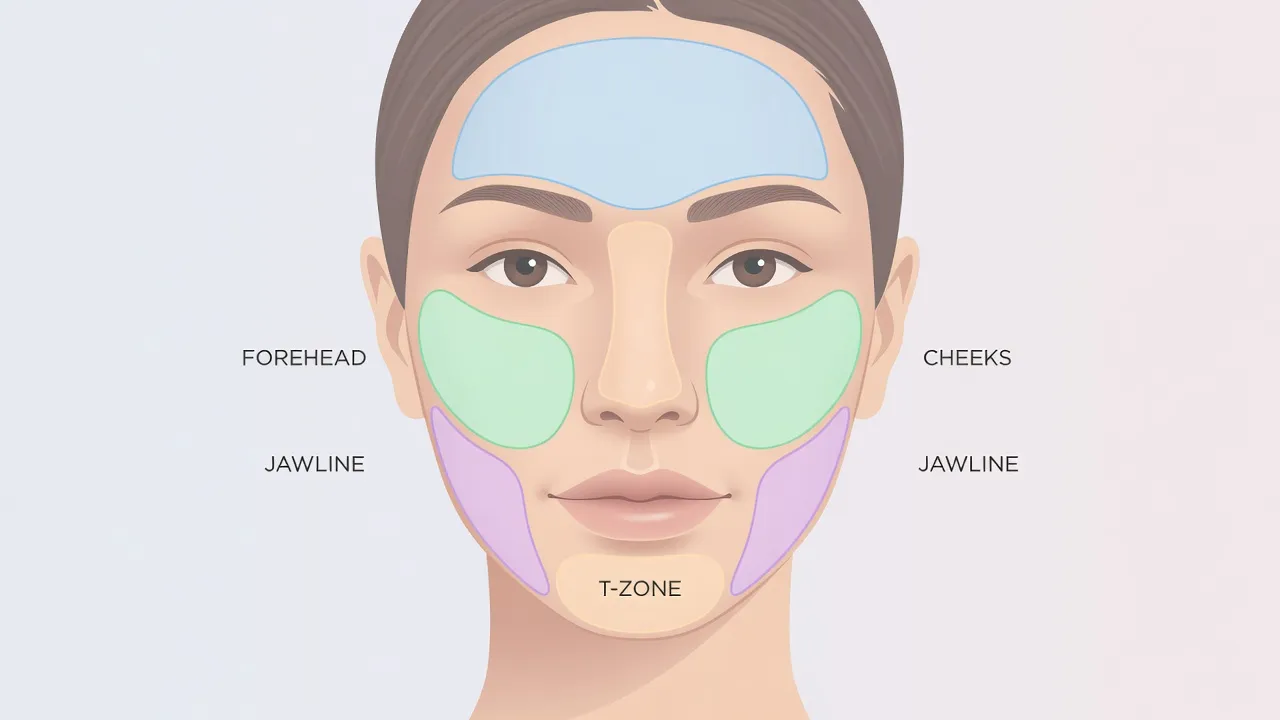 Detailed visual diagram showing facial acne mapping zones across forehead, cheeks, jawline, and nose.
