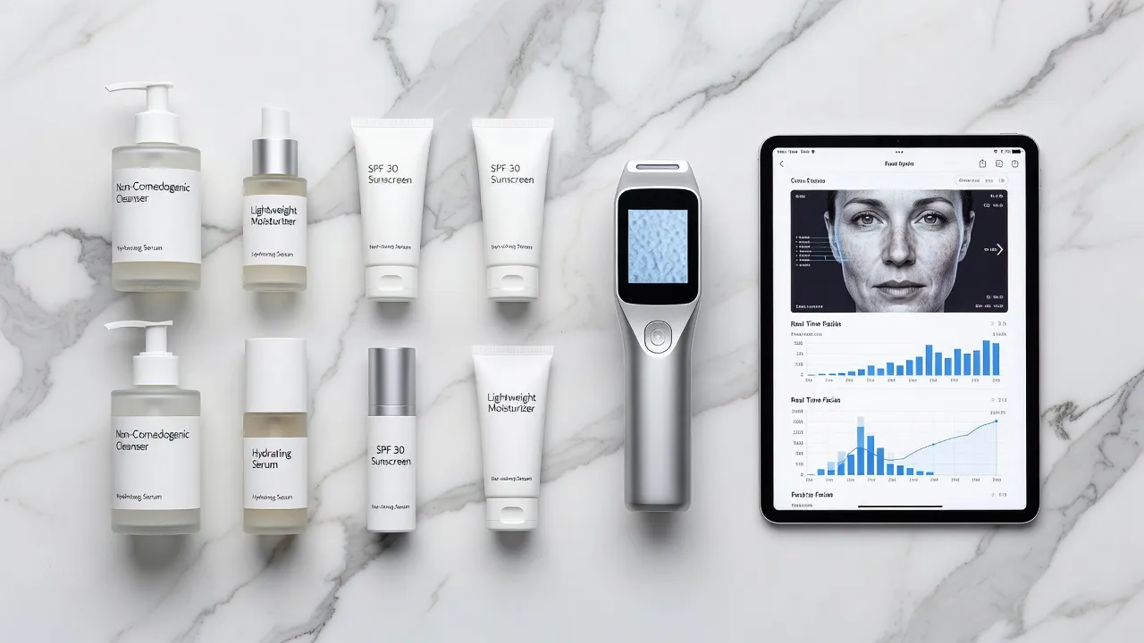 Non-comedogenic skincare products and digital facial analysis tools on a clean marble surface.