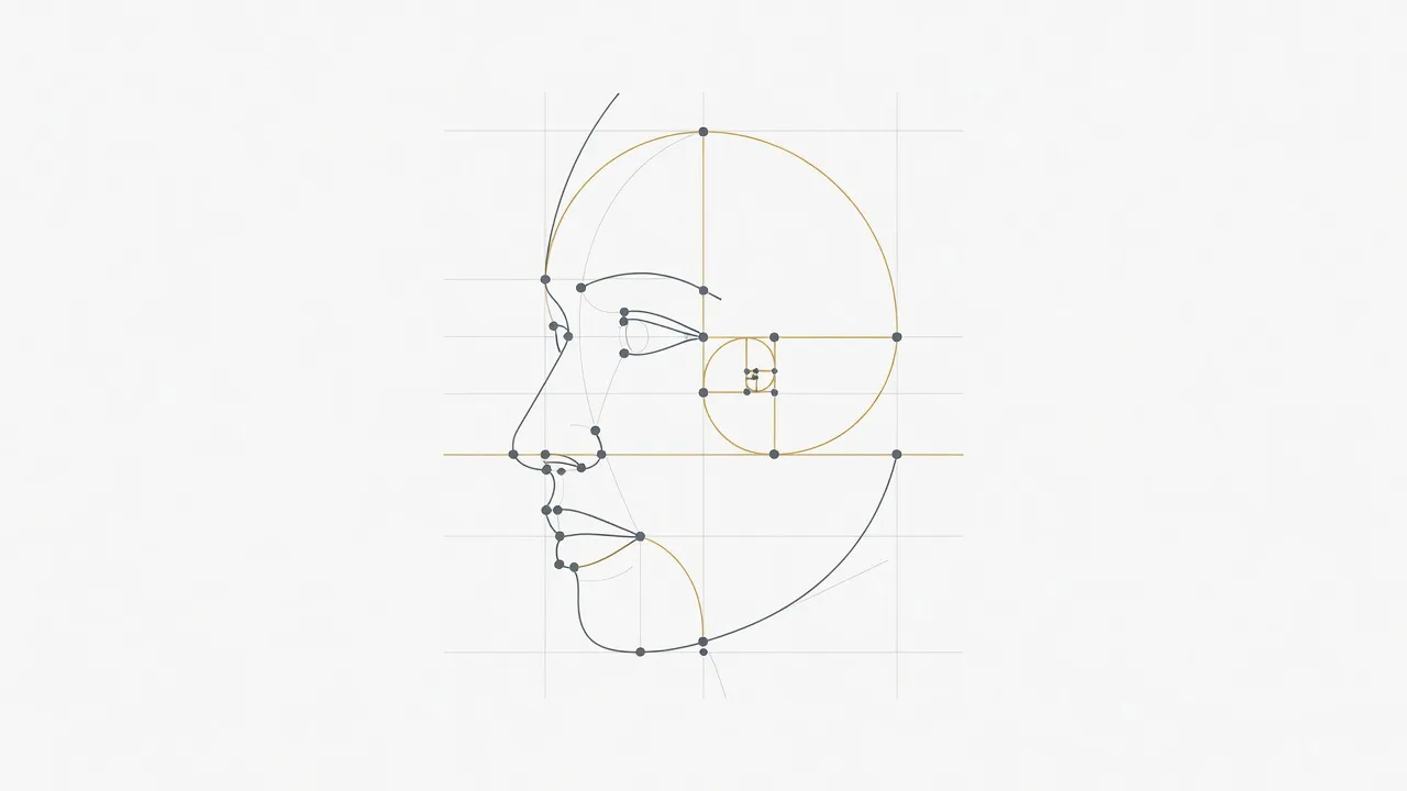 Diagram of AI face rating software mapping facial symmetry landmarks and proportions.