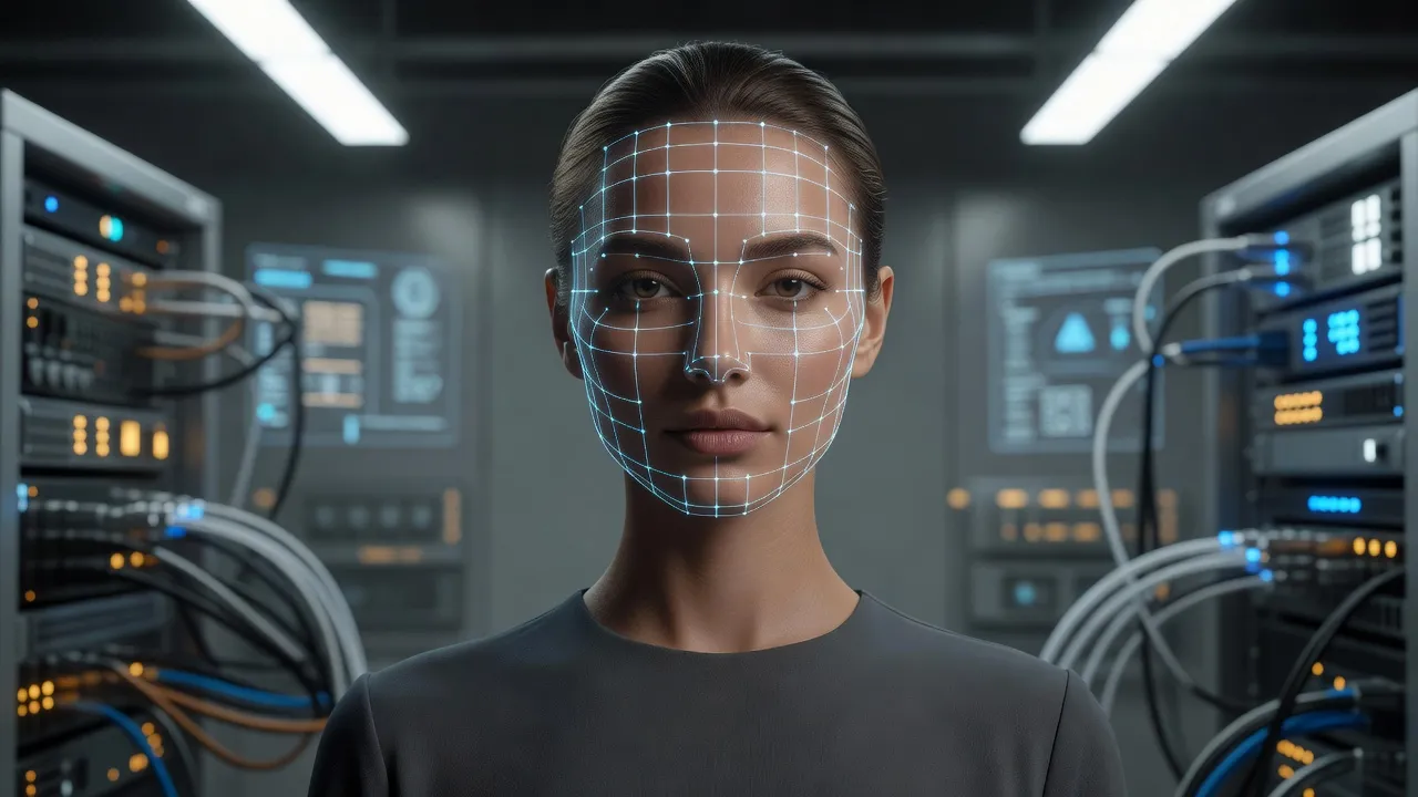 3D visualization of facial landmark tracking grid overlay on a woman portrait for AI face rating.