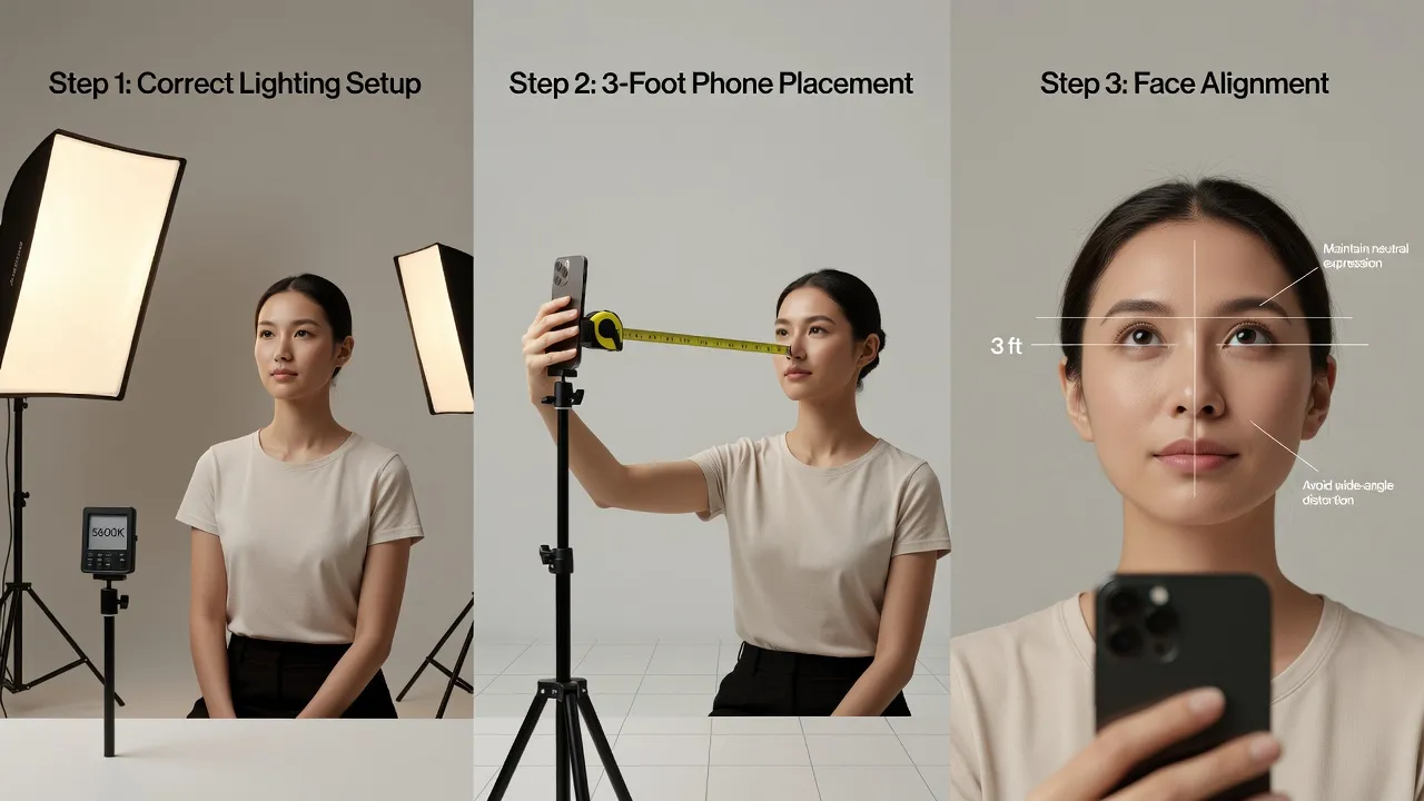 Setup guide for taking a neutral selfie for an AI face rating test.