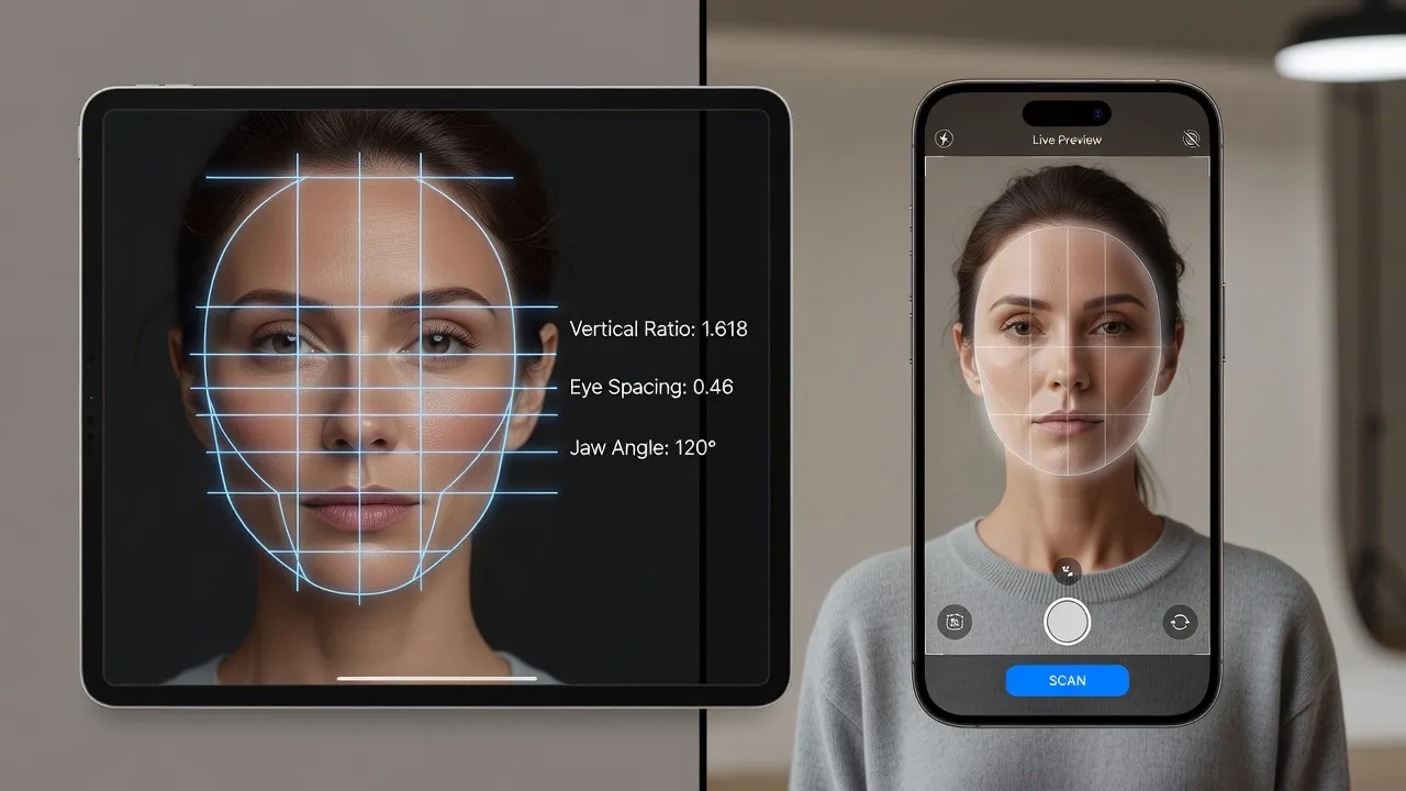 Side by side comparison of facial geometry analysis and mobile face rating apps.