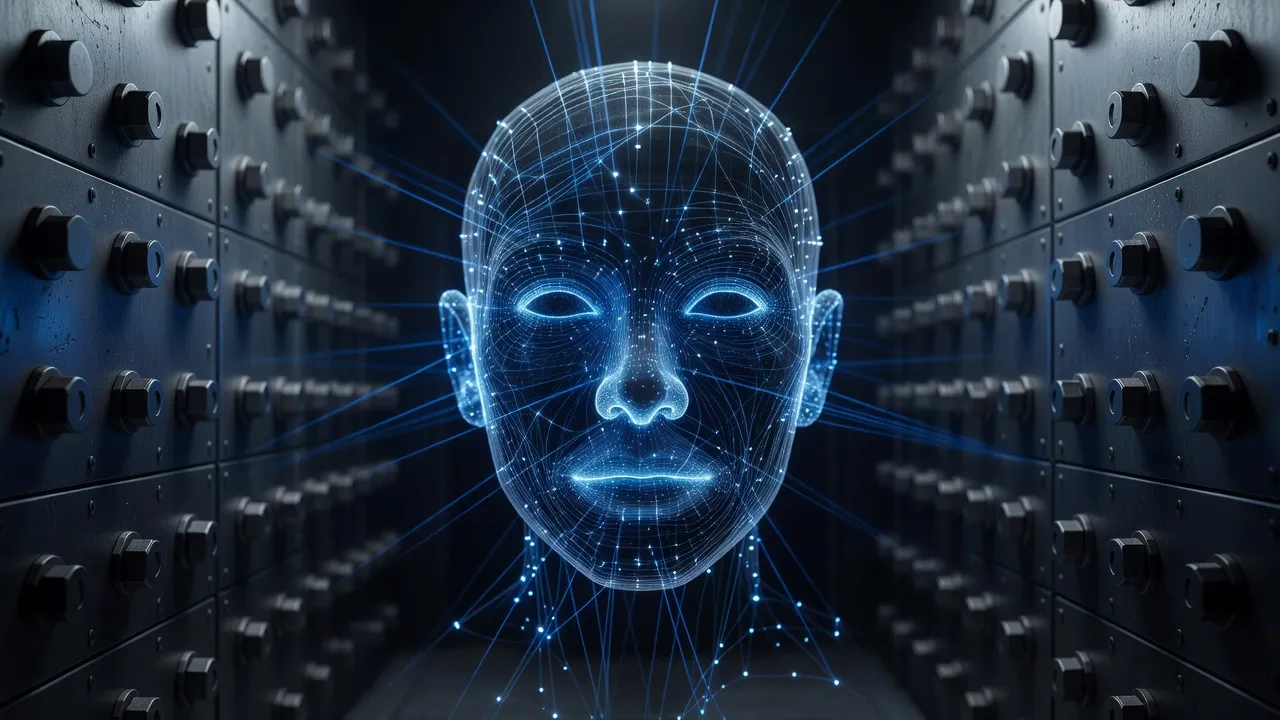 Conceptual image representing facial recognition data privacy and biometric security.