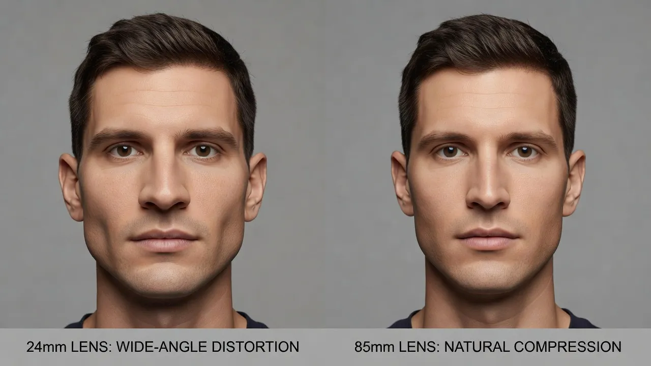 Focal length visual comparison showing camera lens distortion on facial proportions.