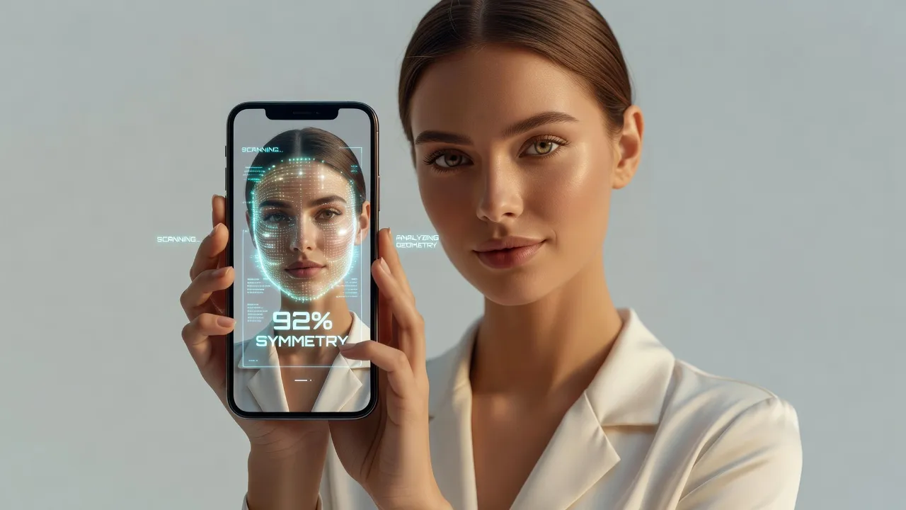 Woman scanning her face with a futuristic AI smartphone application calculating facial symmetry vectors.