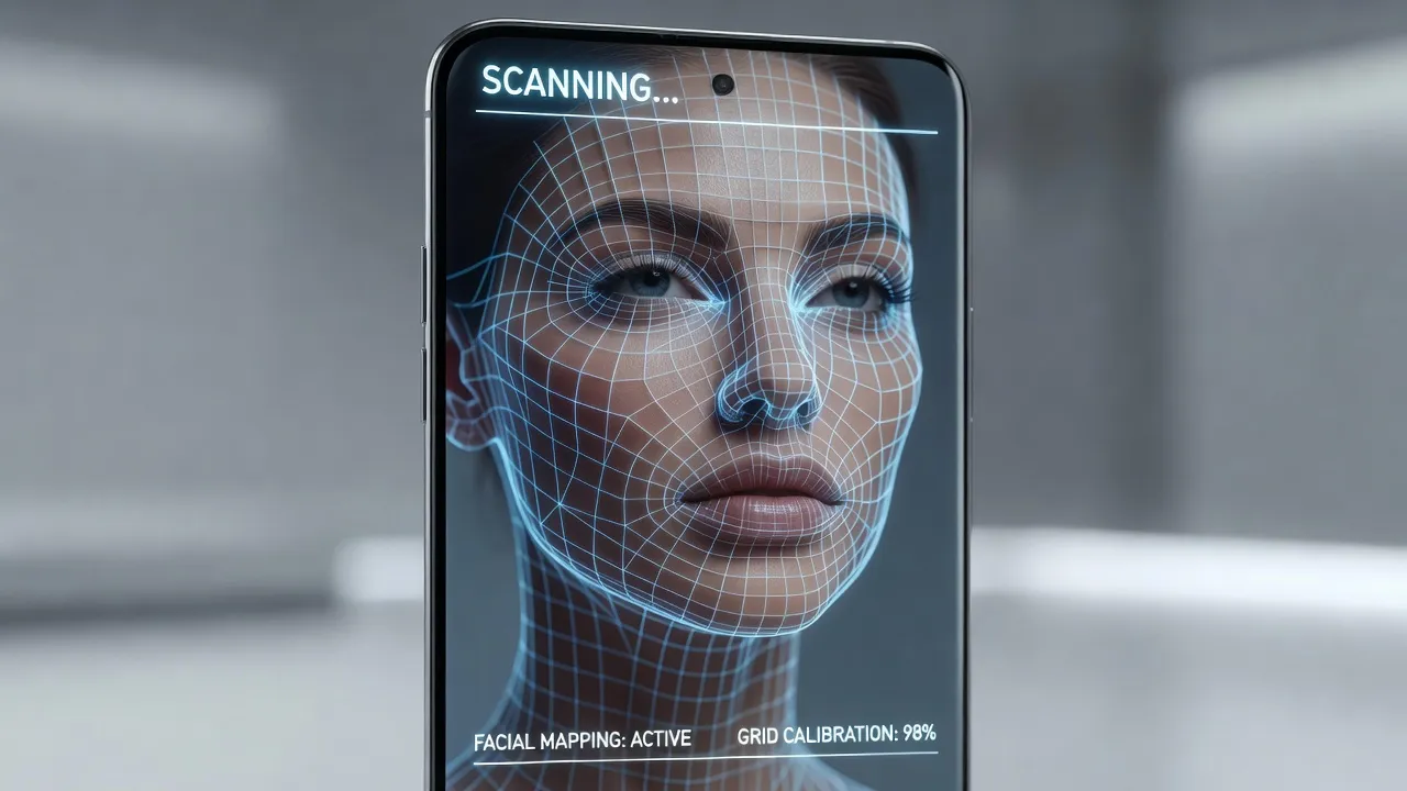 Smartphone screen displaying an AI face scanner rating interface with facial landmark grids.