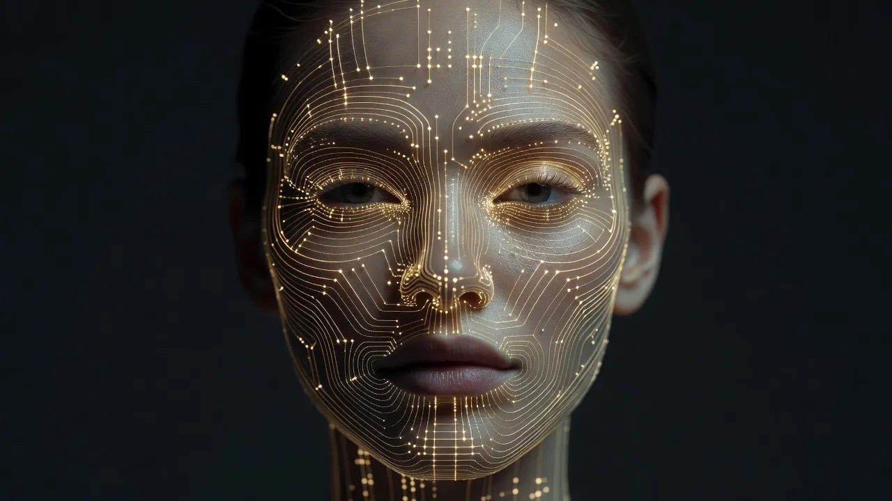 3D digital facial scan map overlaying Golden Ratio proportions on a modern portrait.