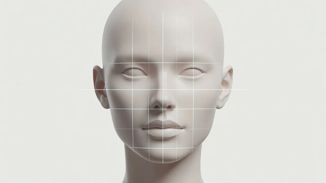 Scientific visualization of facial width to height ratio measurement lines on a human face portrait.