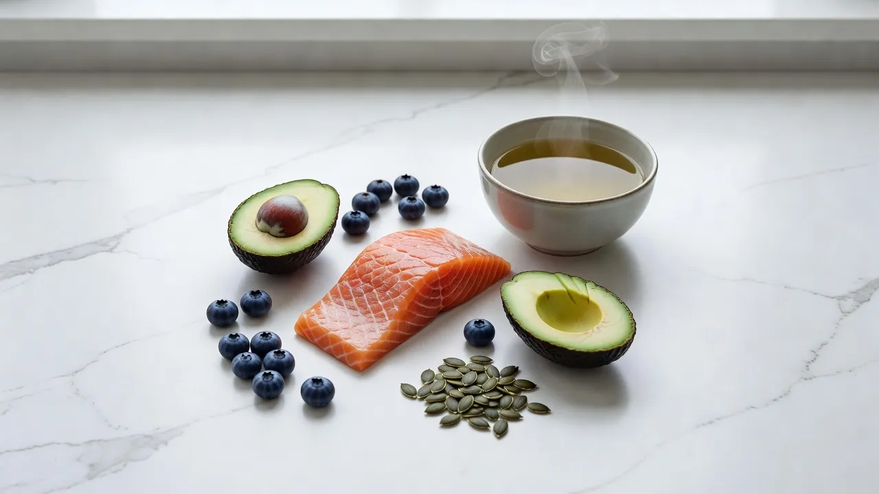 A colorful spread of clear skin foods including salmon, berries, green tea, and pumpkin seeds on a countertop