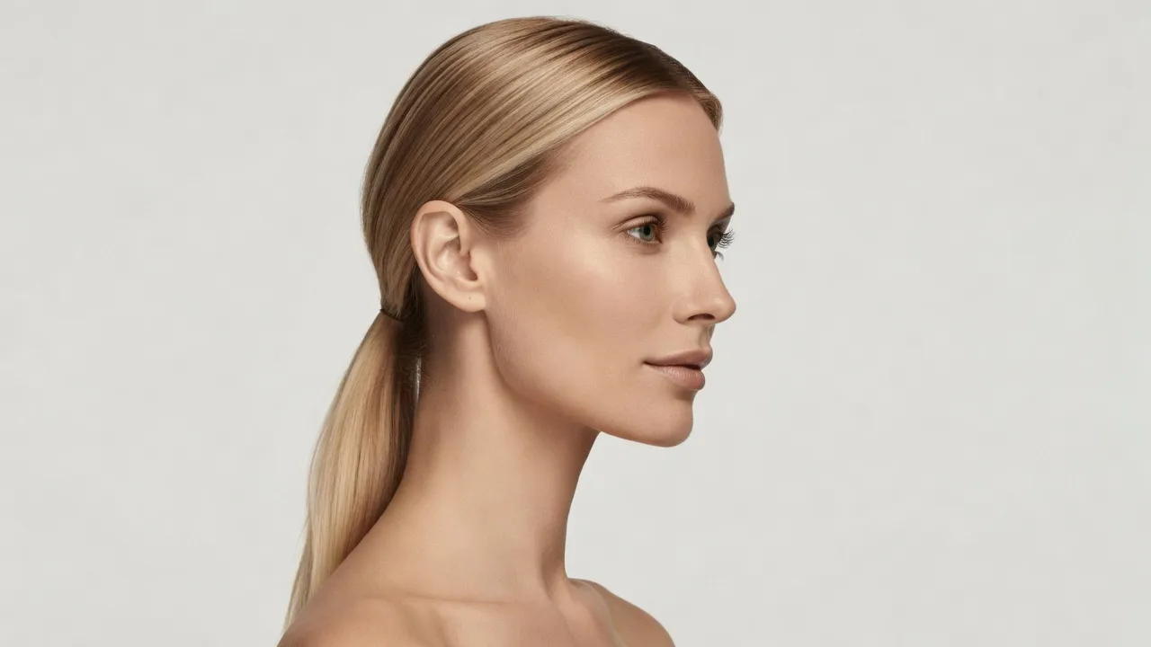 Frontal close-up portrait of a German woman highlighting natural facial features and bone structure.
