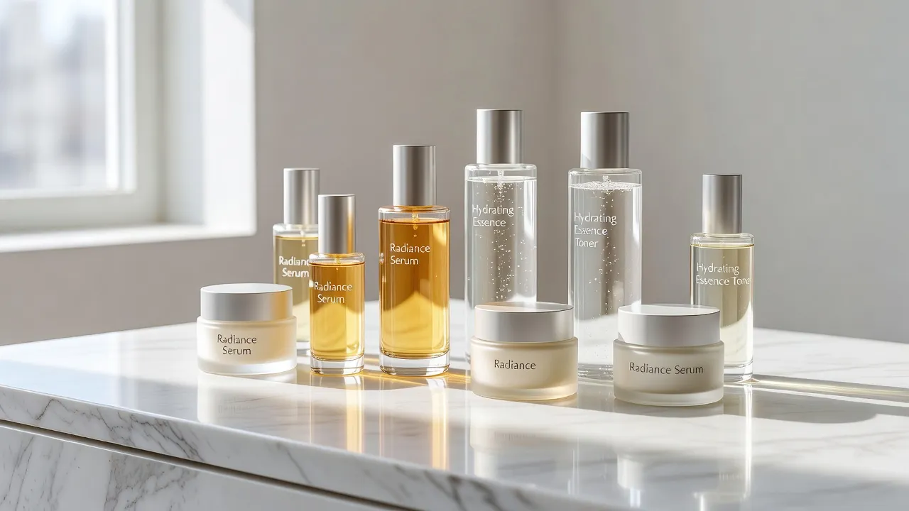 A complete array of hydrating glass skin serums, toners, and moisturizers arranged on a clean marble surface.