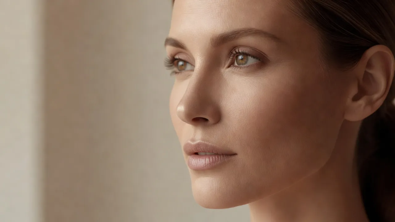 Side profile portrait of a woman with classical straight facial features illuminated by soft warm light